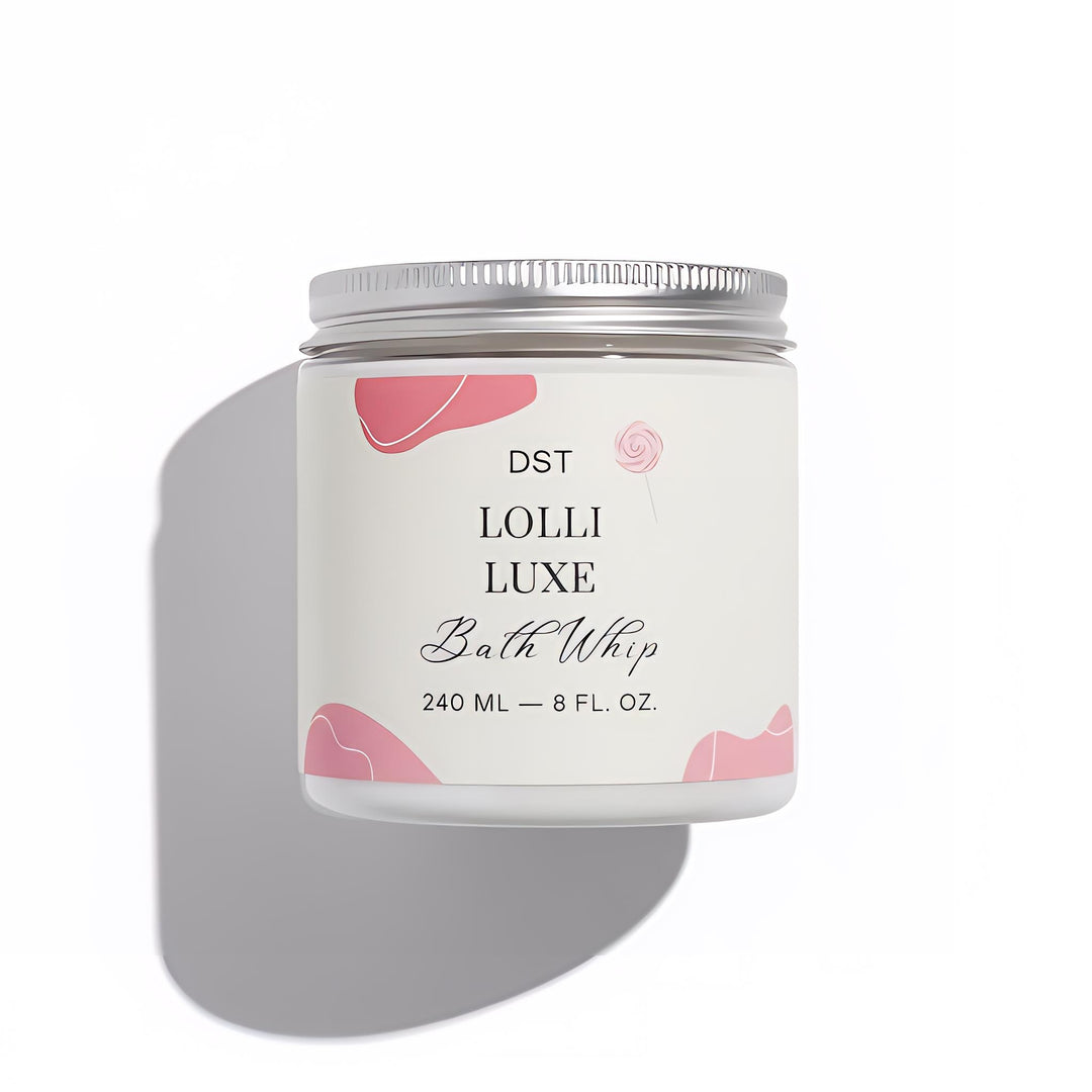 Bath whip container with 'DST LOLLI LUXE' branding on a white background