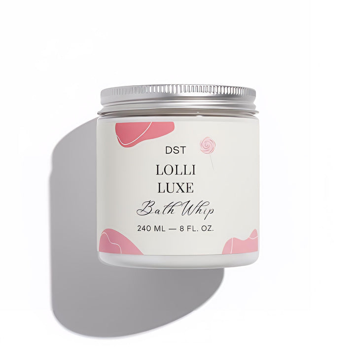 Bath whip container with 'DST LOLLI LUXE' branding on a white background