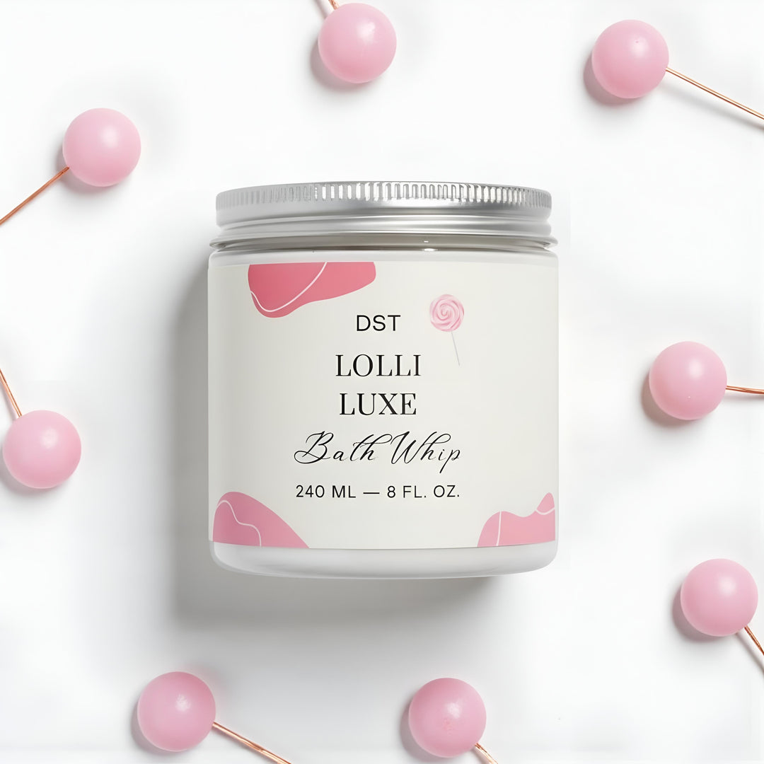 Lolli Luxe Bath whip container with pink lollipops on a white background