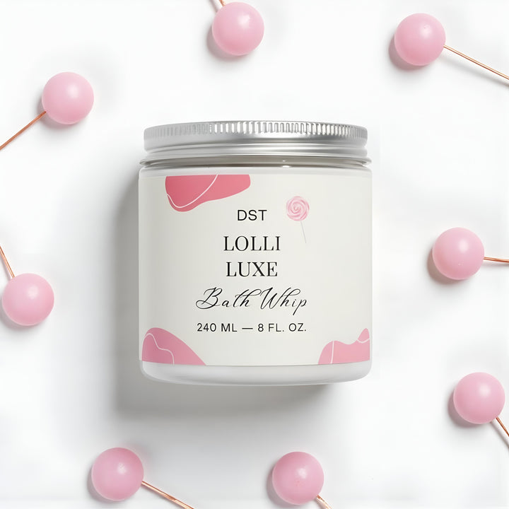 Lolli Luxe Bath whip container with pink lollipops on a white background