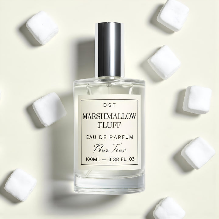 DST Fragrances Marshmallow Fluff eau de parfum bottle surrounded by marshmallows