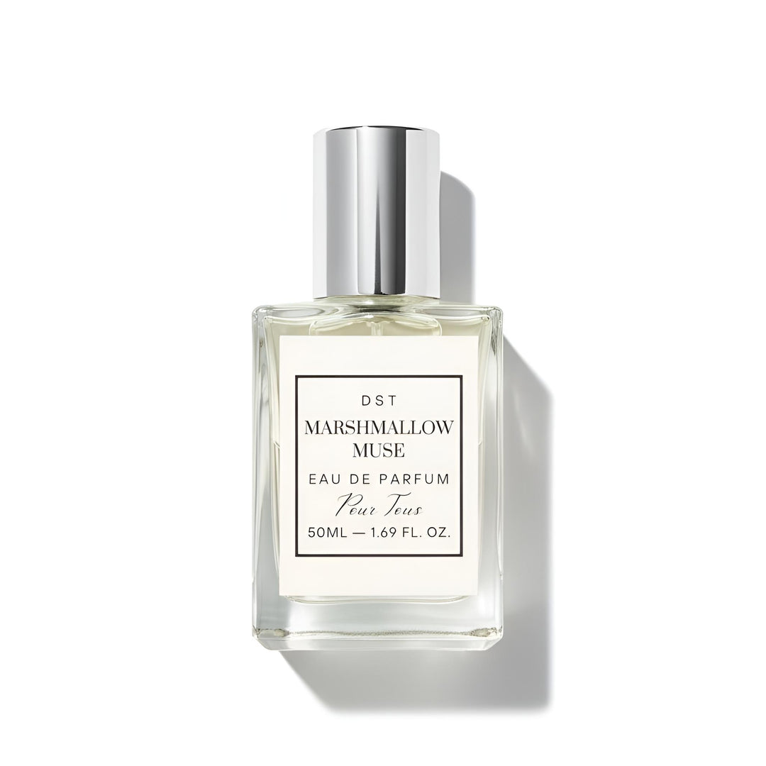 Perfume bottle labeled 'Marshmallow Muse' on a white background