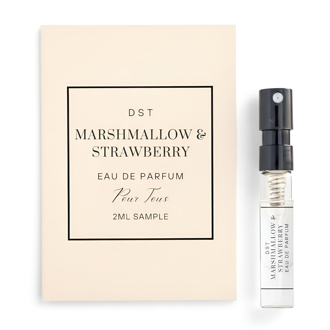 Marshmallow & Strawberry eau de parfum sample with packaging on a white background