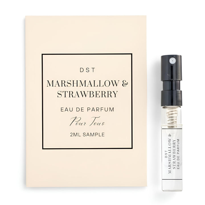 Marshmallow & Strawberry eau de parfum sample with packaging on a white background