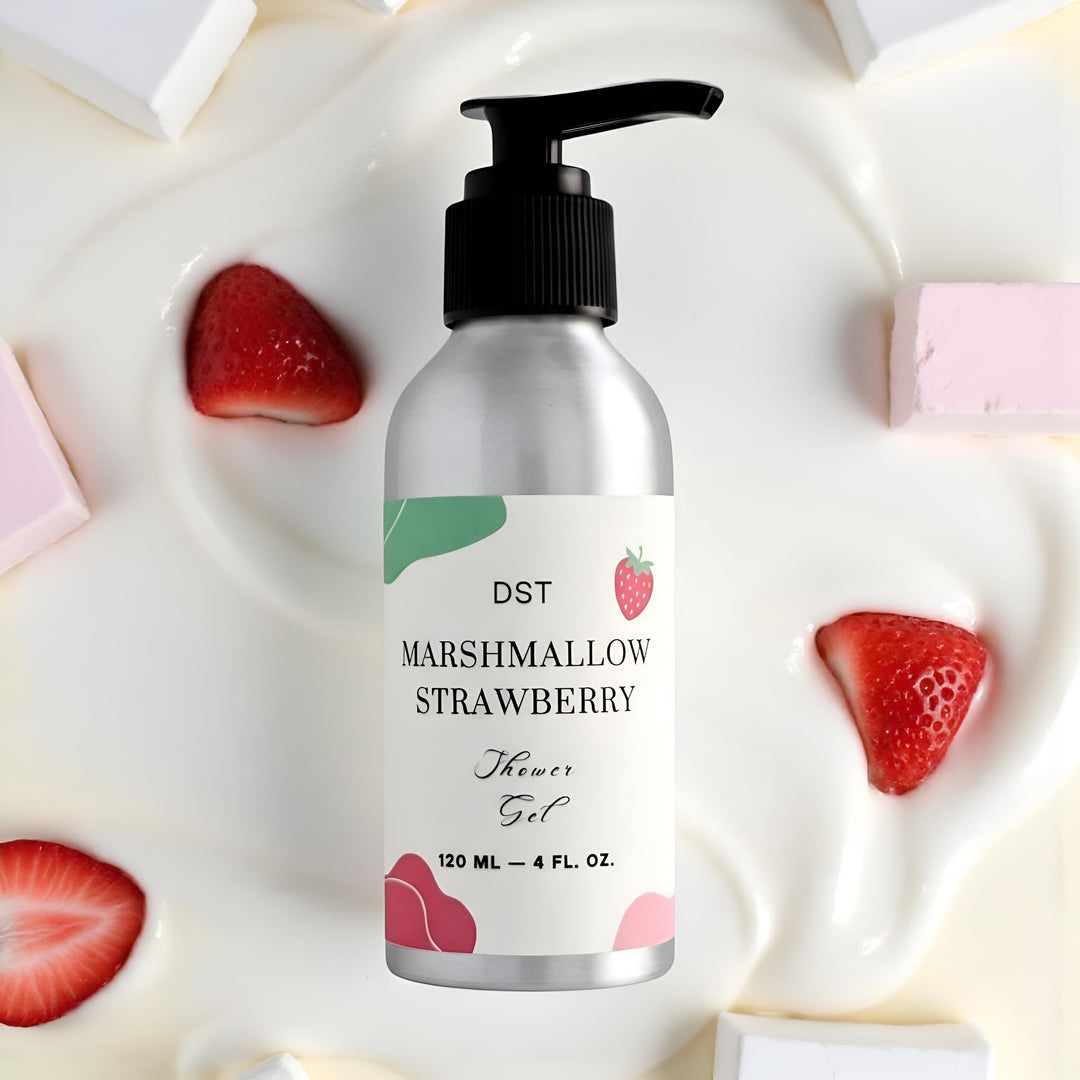 Bottle of DST Fragrances Marshmallow Strawberry shower gel with strawberry and marshmallow elements on a white background