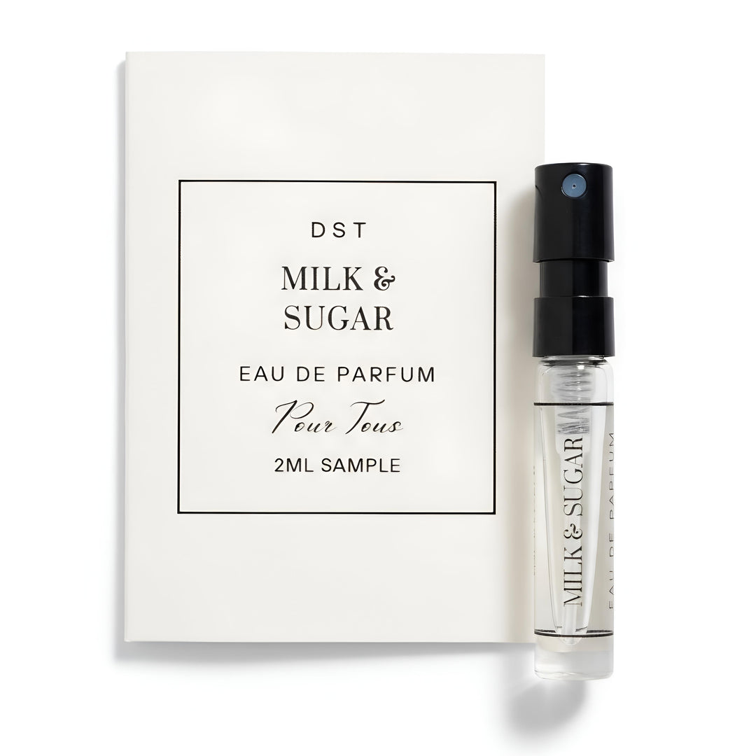 DST Fragrances Milk & Sugar Eau de Parfum sample with packaging on a white background