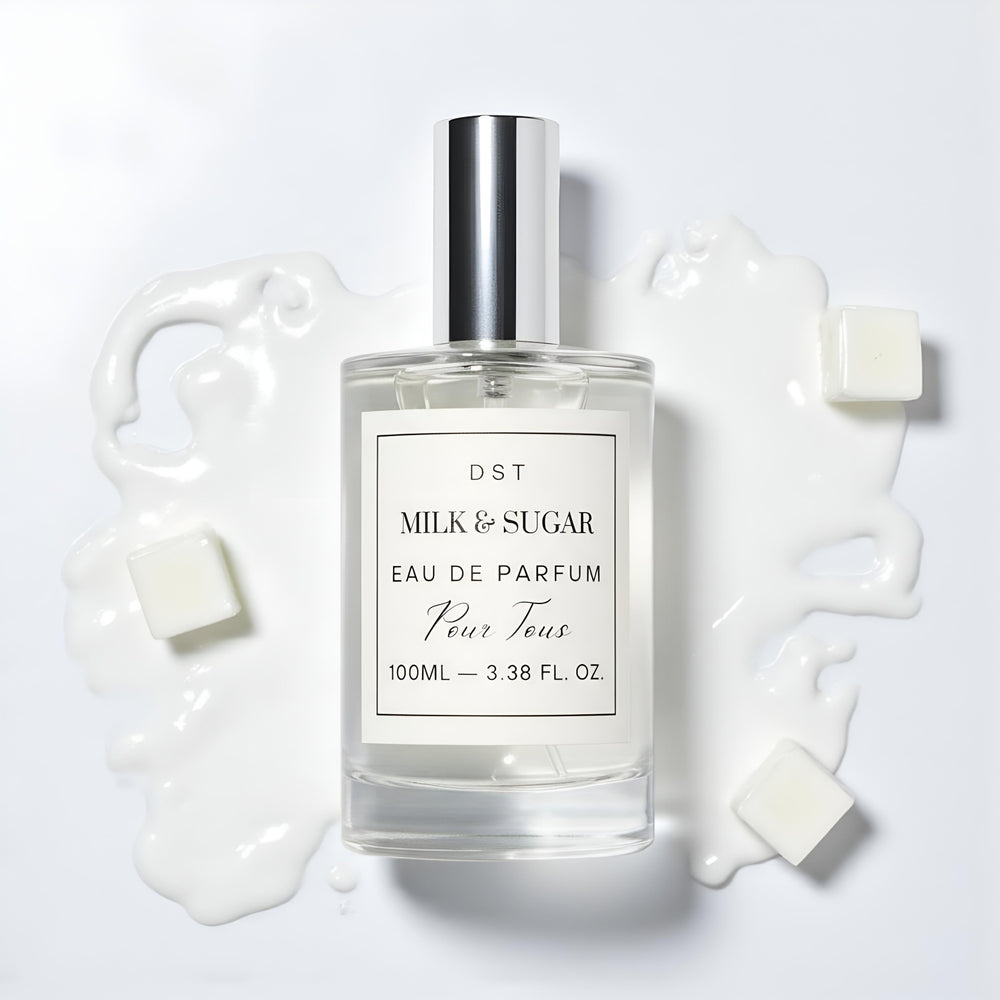 Milk Sugar Eau de Parfum bottle laying against spilled mi