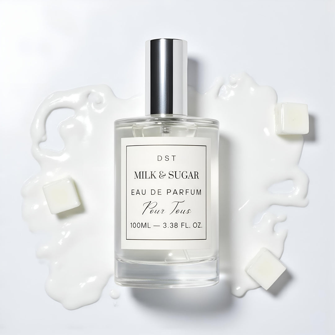 Milk Sugar Eau de Parfum bottle laying against spilled mi