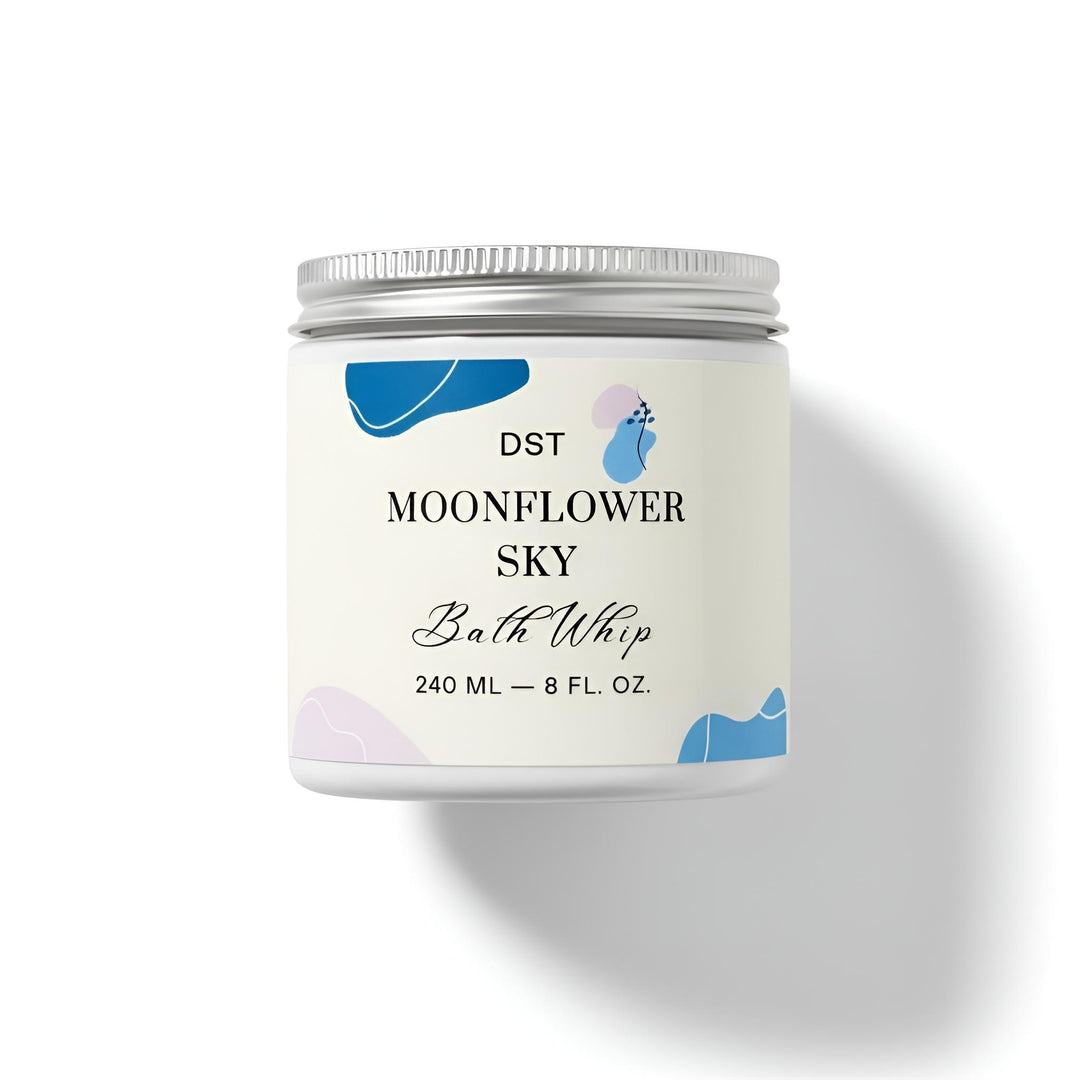 Bath whip container labeled 'Moonflower Sky' by DST on a white background