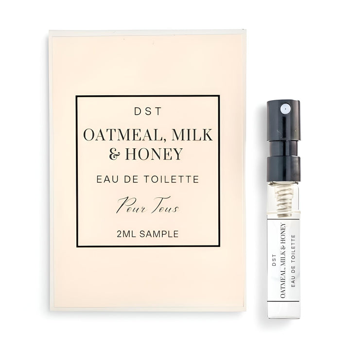 Sample bottle of Oatmeal, Milk & Honey Eau de Toilette with packaging on a white background