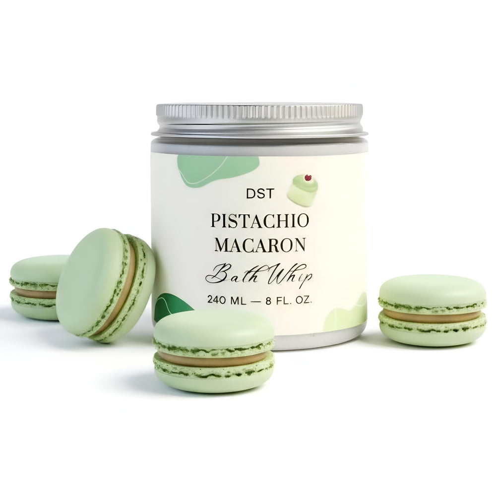 Pistachio macaron-themed bath whip container with decorative elements on a white background