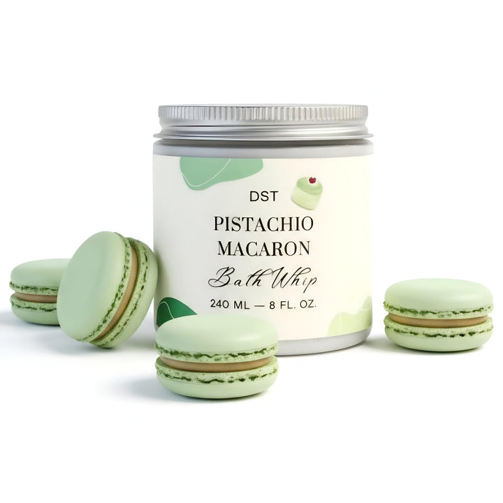 Pistachio macaron-themed bath whip container with decorative elements on a white background