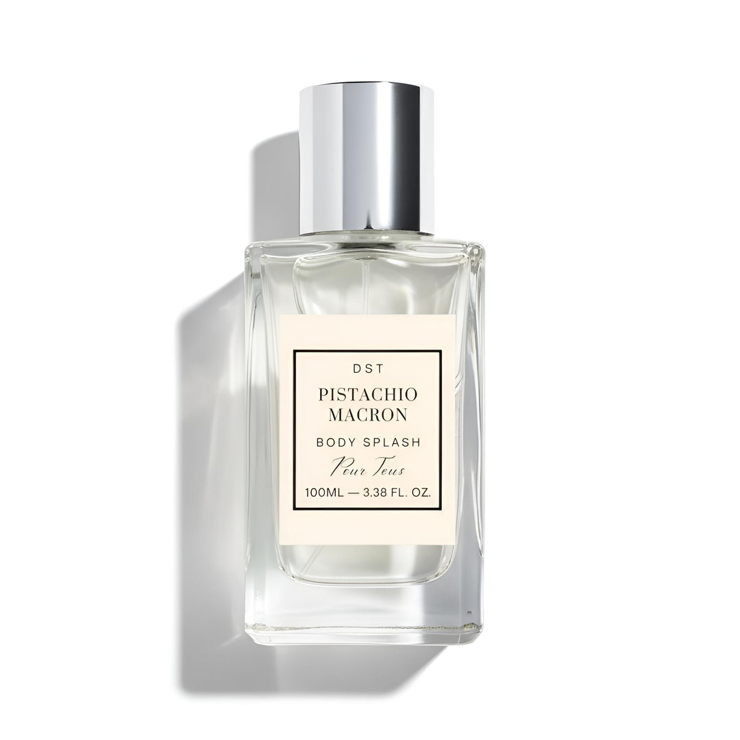 Pistachio Macron body splash bottle on a white background