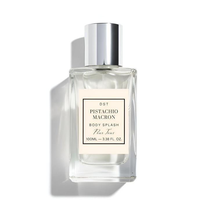 Pistachio Macron body splash bottle on a white background