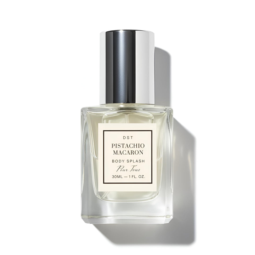 Pistachio Macaron body splash bottle on a white background