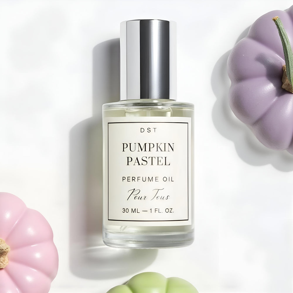 DST Fragrances Pumpkin Pastel perfume oil bottle with colorful pumpkins on a light background