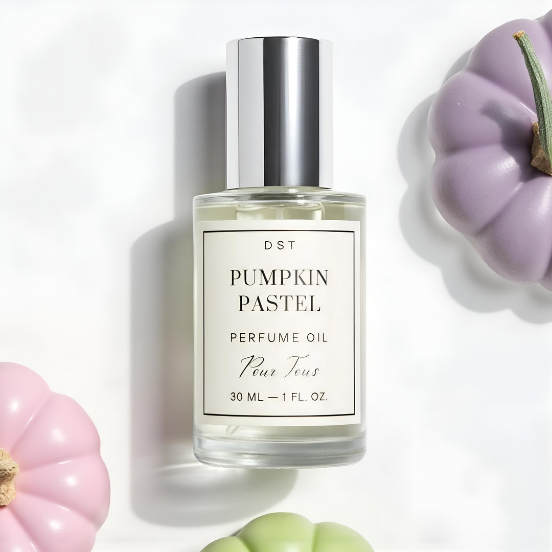 DST Fragrances Pumpkin Pastel perfume oil bottle with colorful pumpkins on a light background