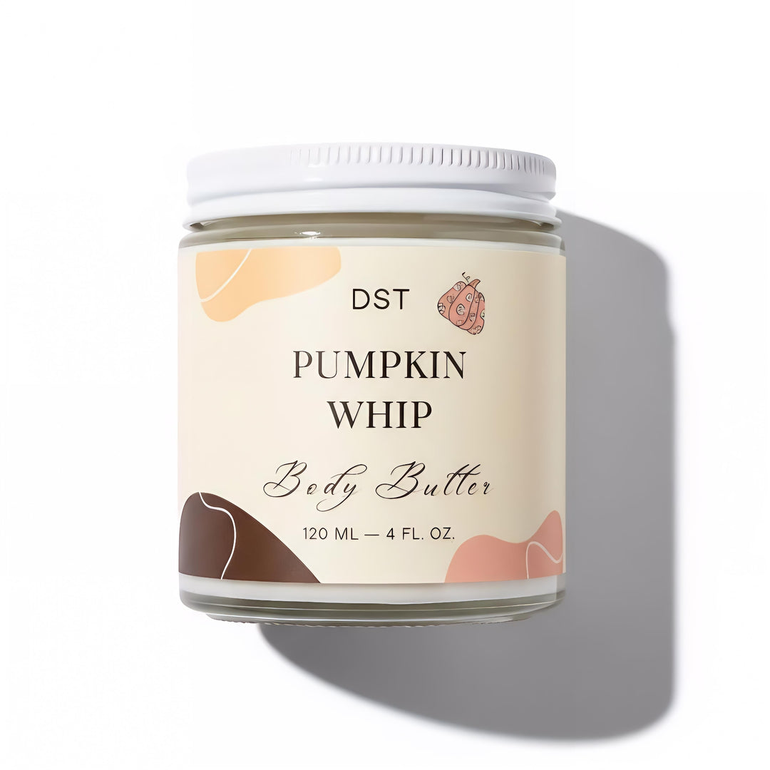 Jar of DST Pumpkin Whip Body Butter with a white lid on a white background