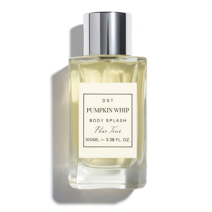 Bottle of Pumpkin Whip body splash with a white label on a white background