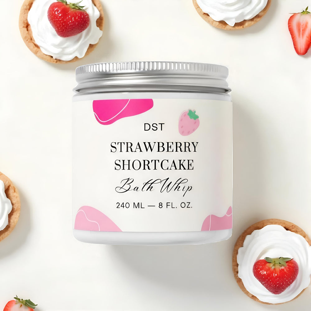 Bath whip container labeled 'DST Strawberry Shortcake' with strawberry-themed design on a light background.