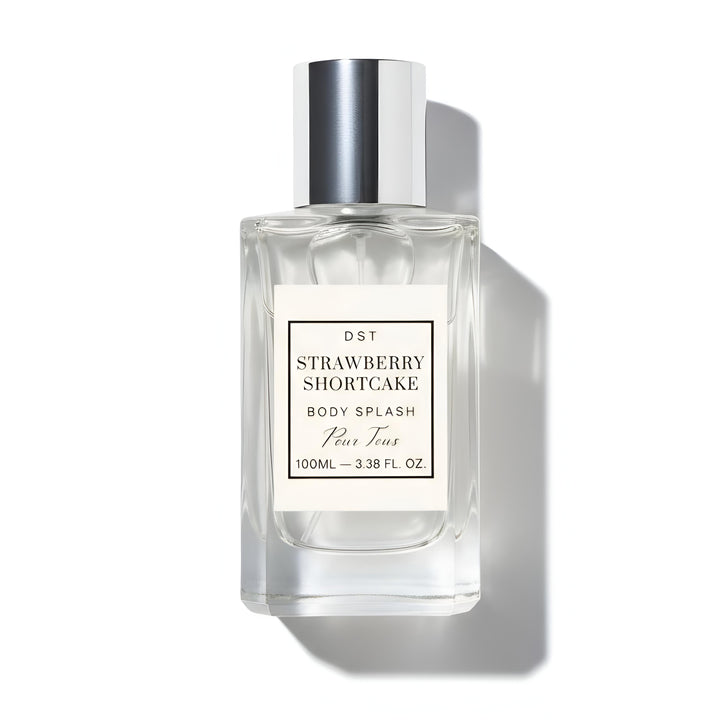 Body splash bottle labeled 'Strawberry Shortcake' by DST on a white background