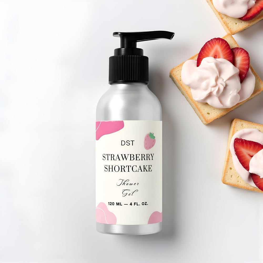 Bottle of DST Fragrances Strawberry Shortcake scented shower gel with strawberry and cream background