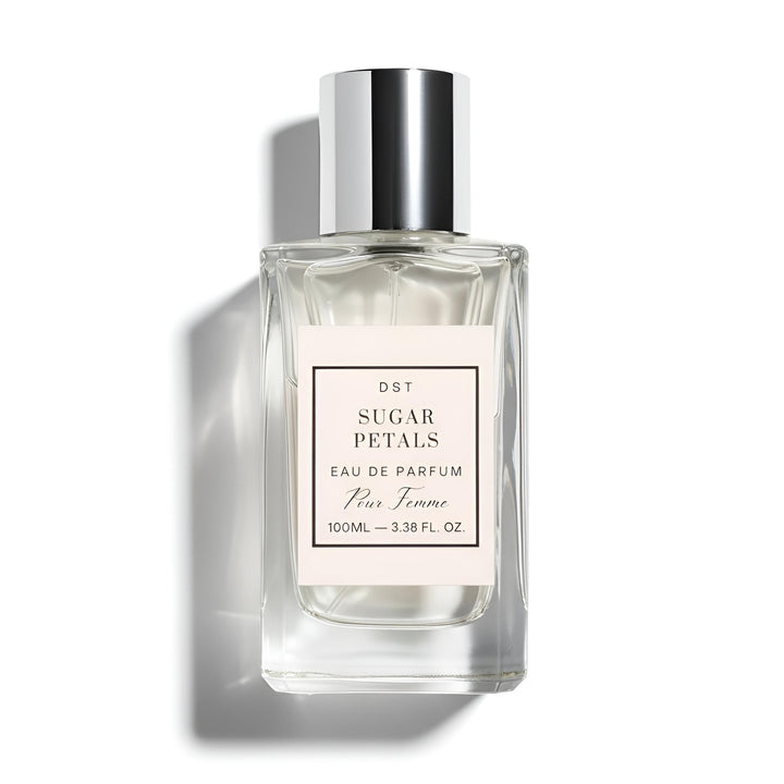Perfume bottle labeled 'Sugar Petals' on a white background