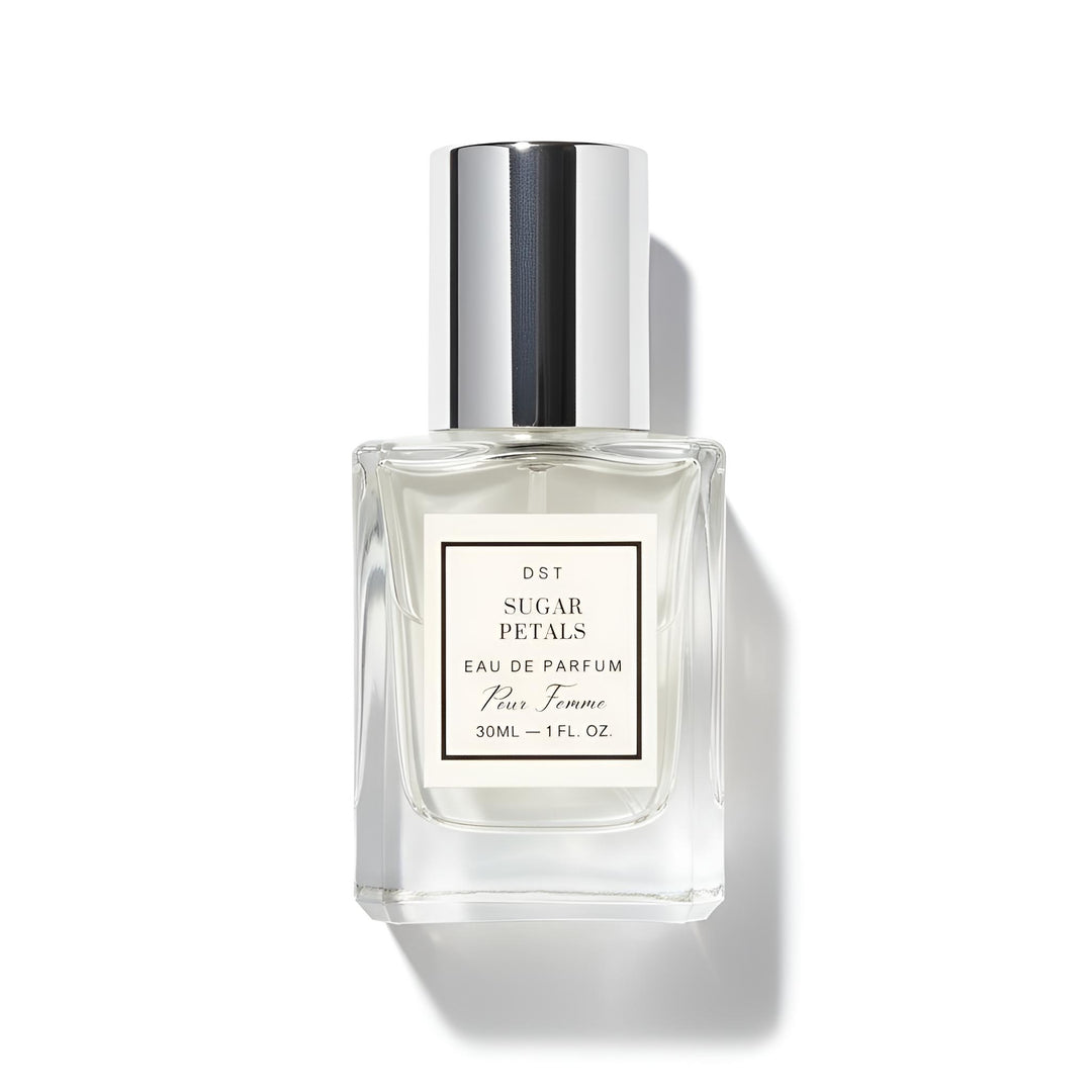 Perfume bottle labeled 'Sugar Petals' by DST on a white background