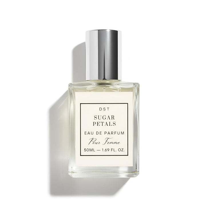 Perfume bottle labeled 'Sugar Petals' on a white background