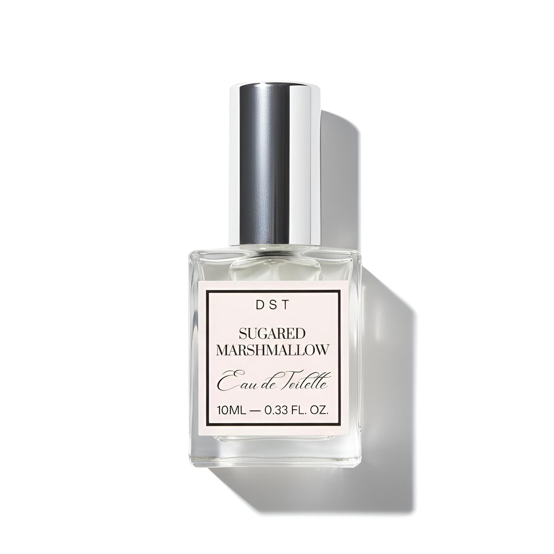 Perfume bottle labeled 'Sugared Marshmallow' by DST on a white background