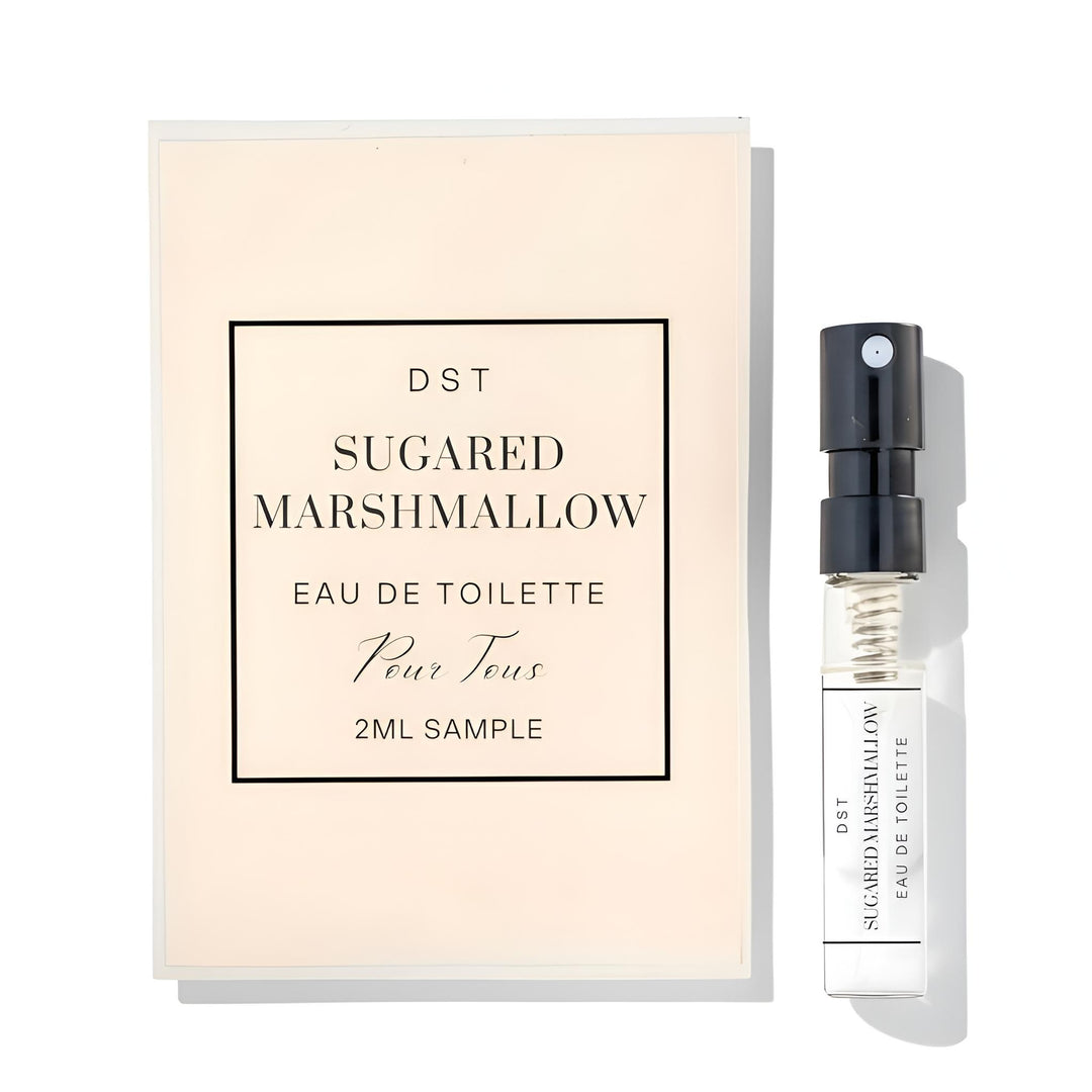 Perfume sample bottle and packaging of 'Sugared Marshmallow' by DST on a white background