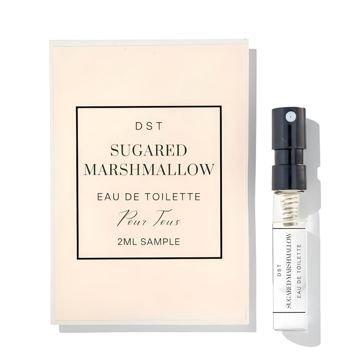 Perfume sample bottle and packaging of 'Sugared Marshmallow' by DST on a white background