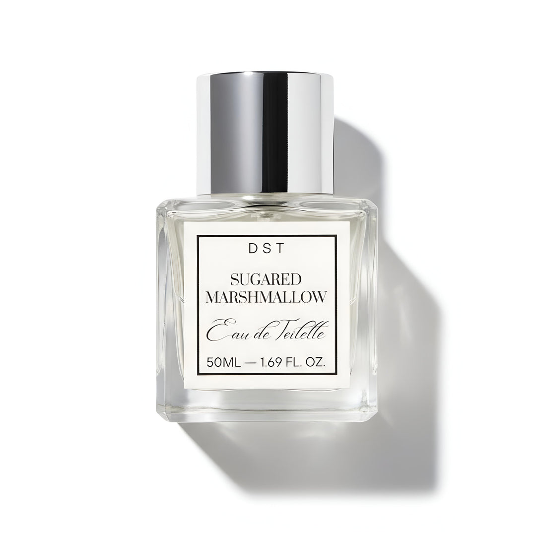 Perfume bottle labeled 'Sugared Marshmallow' by DST on a white background