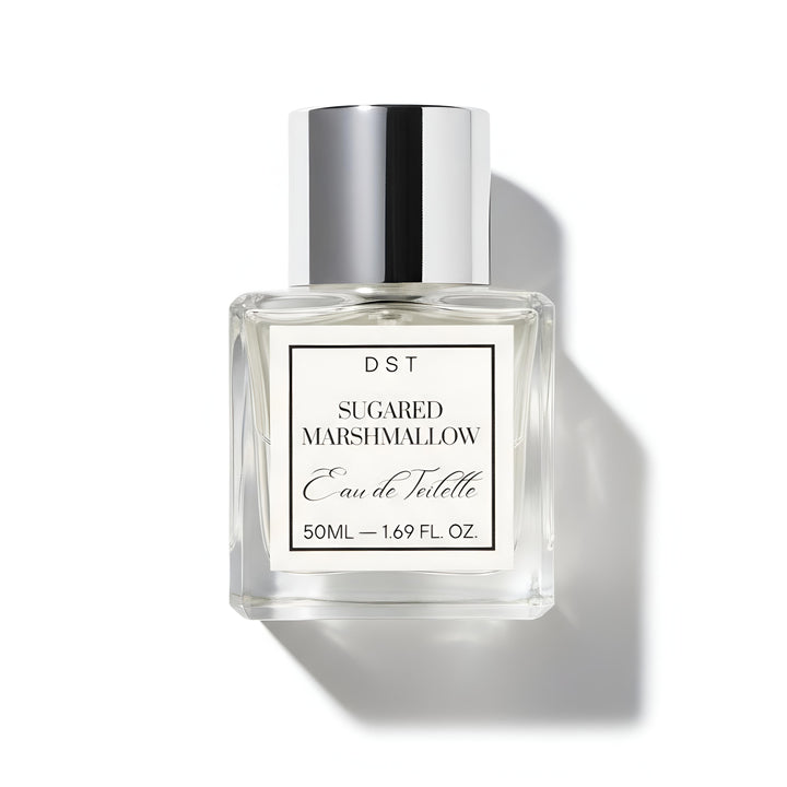 Perfume bottle labeled 'Sugared Marshmallow' by DST on a white background