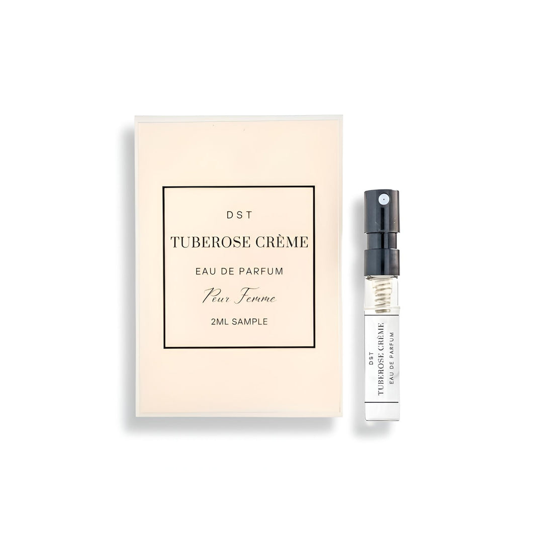 Tuberose Creme Eau de Parfum sample with packaging on a white background
