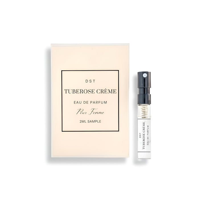 Tuberose Creme Eau de Parfum sample with packaging on a white background