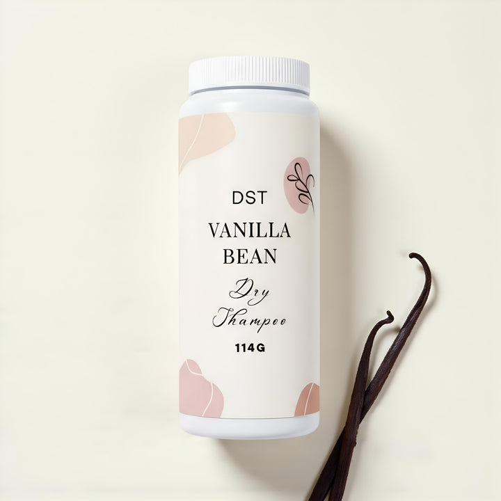 Vanilla Bean Dry Shampoo Powder against ivory background
