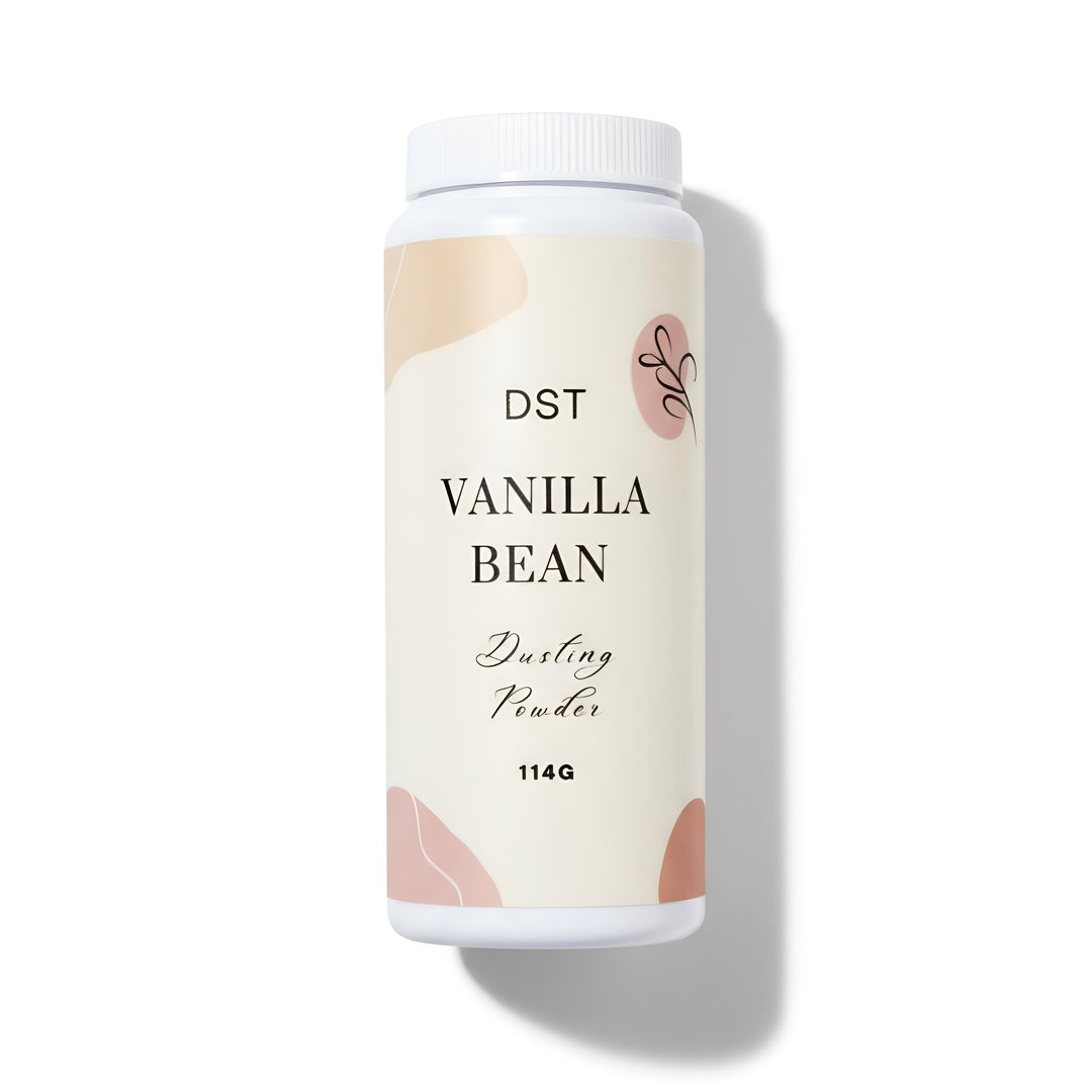 Vanilla bean powder container with a white lid on a light beige background