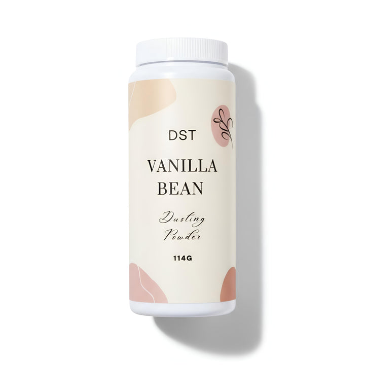 Vanilla bean powder container with a white lid on a light beige background