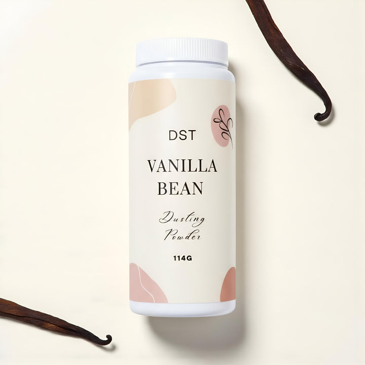 Vanilla bean dusting powder container with vanilla beans on a beige background