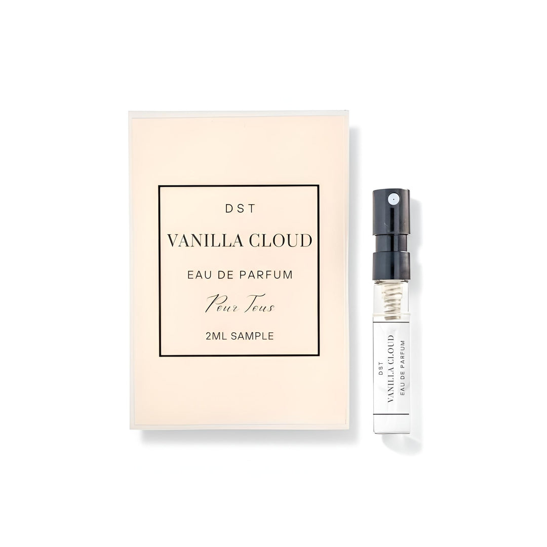Vanilla Cloud Eau de Parfum sample with packaging on a white background