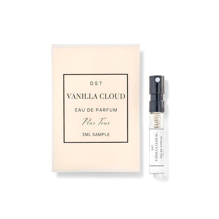 Vanilla Cloud Eau de Parfum sample with packaging on a white background
