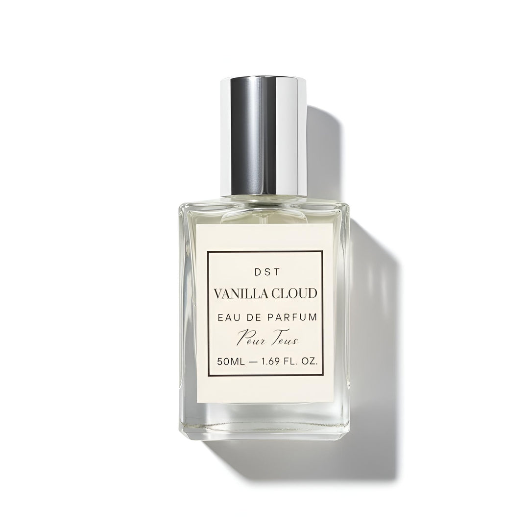 Perfume bottle labeled 'Vanilla Cloud' on a white background