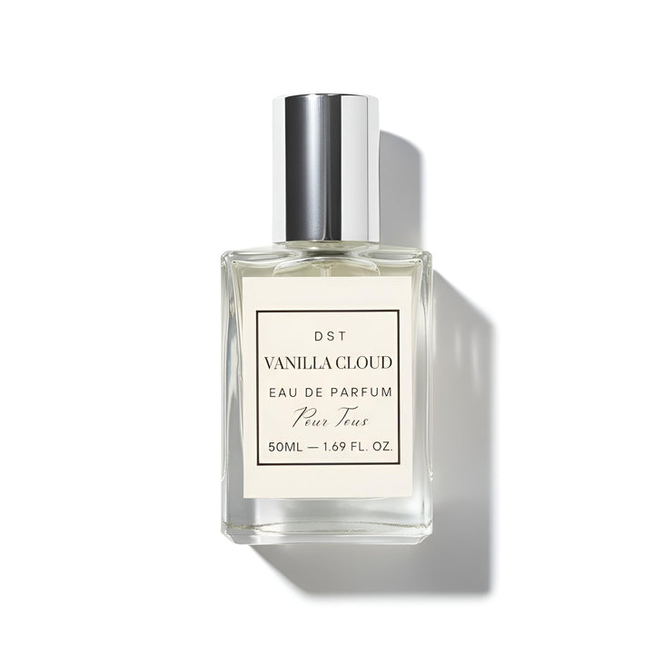 Perfume bottle labeled 'Vanilla Cloud' on a white background