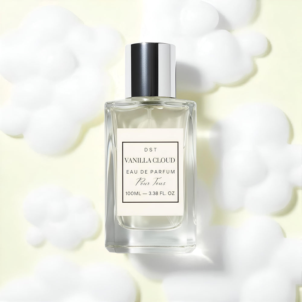 Perfume bottle labeled 'Vanilla Cloud' with white clouds on a beige background