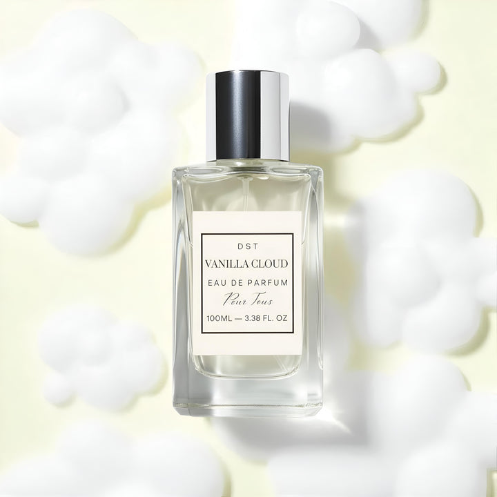 Perfume bottle labeled 'Vanilla Cloud' with white clouds on a beige background