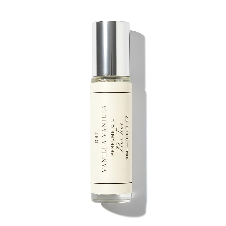 Vanilla vanilla perfume oil bottle on a white background