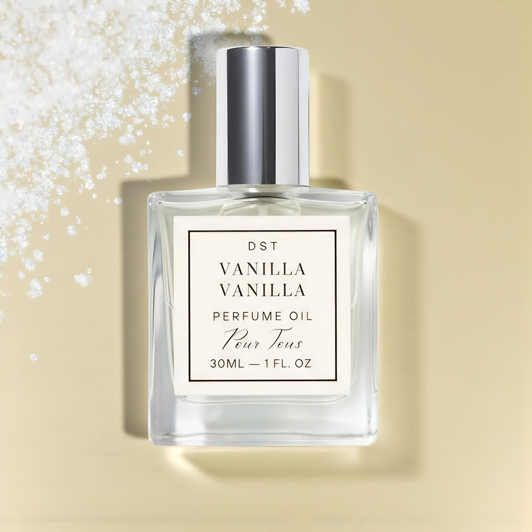 Vanilla Vanilla perfume oil bottle on a light beige background