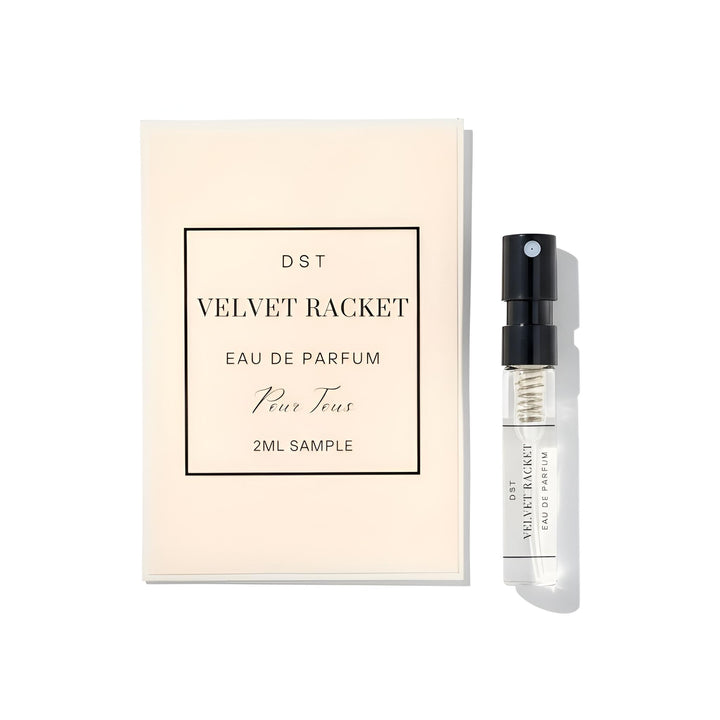 DST Velvet Racket Eau de Parfum sample with packaging on a white background