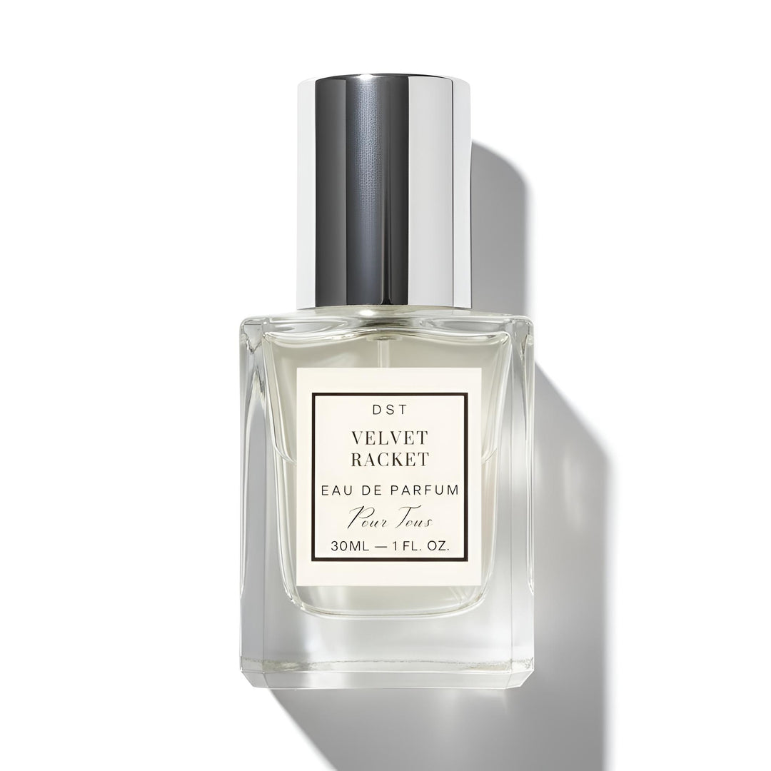 Perfume bottle labeled 'Velvet Racket' on a white background